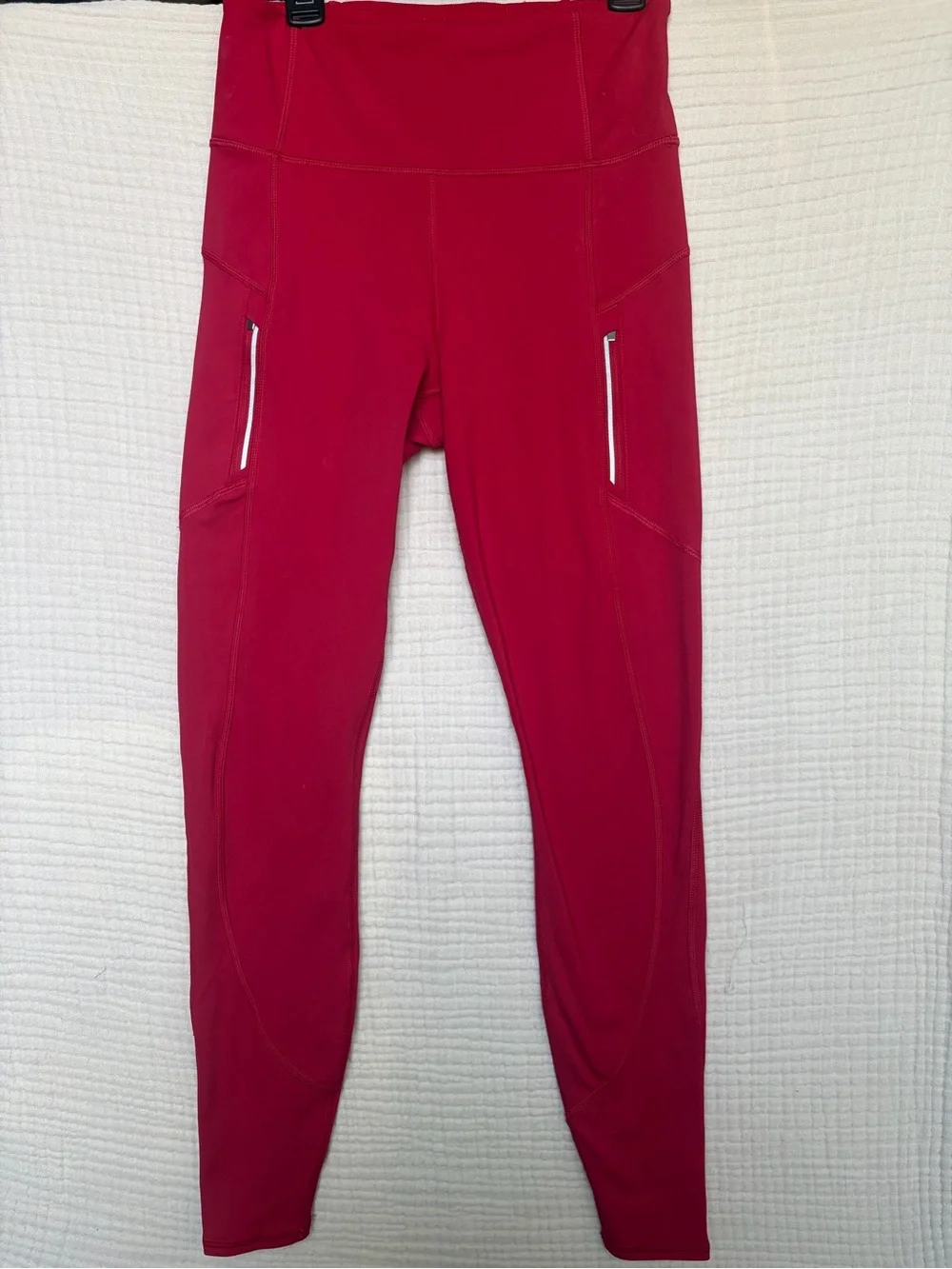 Athleta Rainier High Rise Tights Leggings Red XS Reflective Zip Pockets